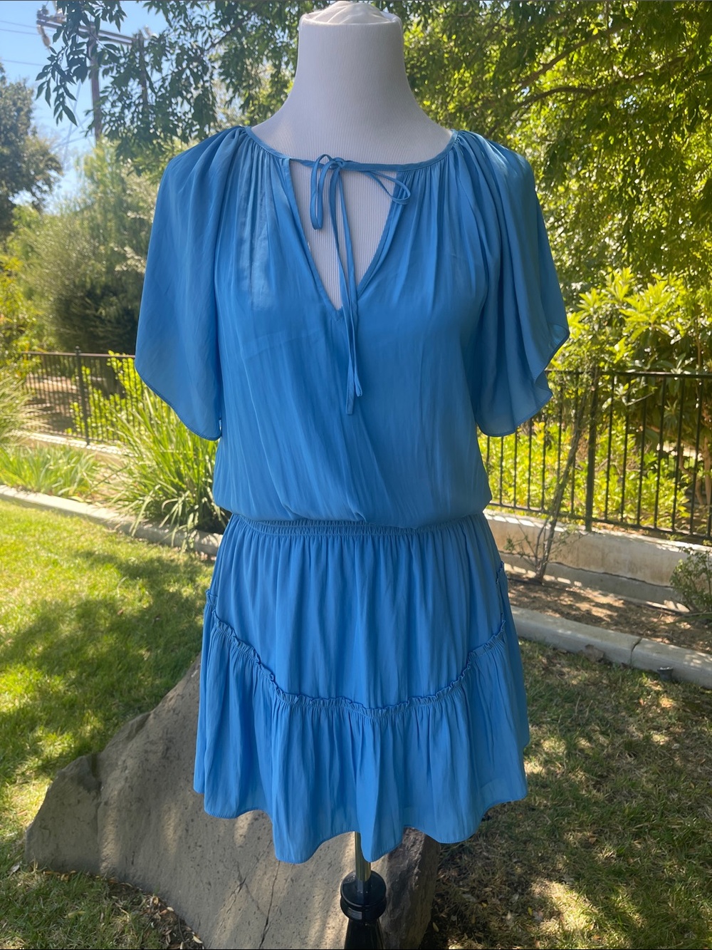 Ramy Brook Blue Flutter Sleeve Mini Dress Boho Chic XS Resort Vacation EUC